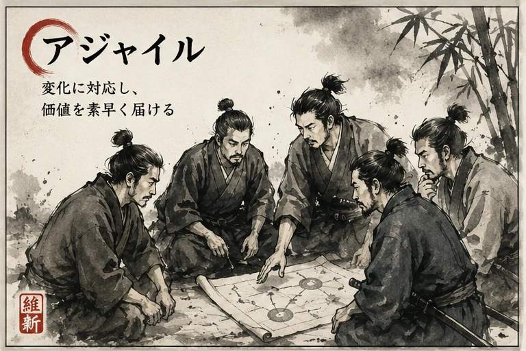 アジャイル開発を表現した水墨画