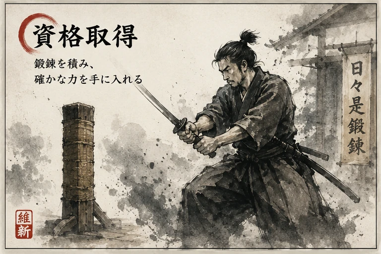 資格取得への挑戦を表現した水墨画