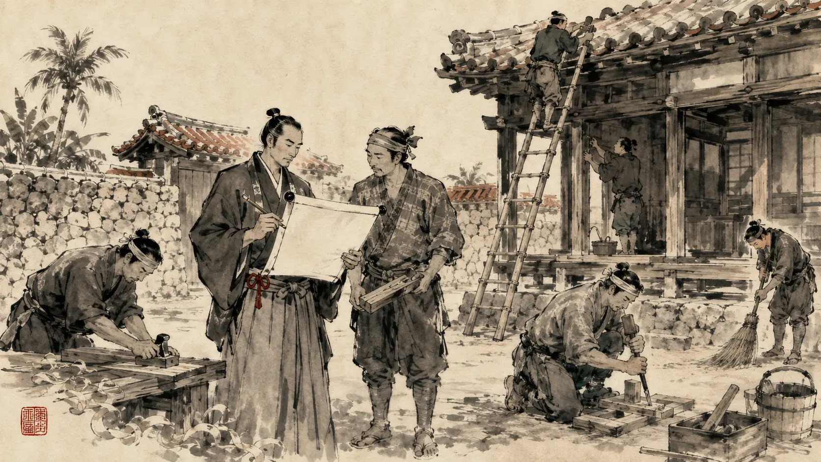建設・設備・修繕・清掃の現場を支援する侍の水墨画