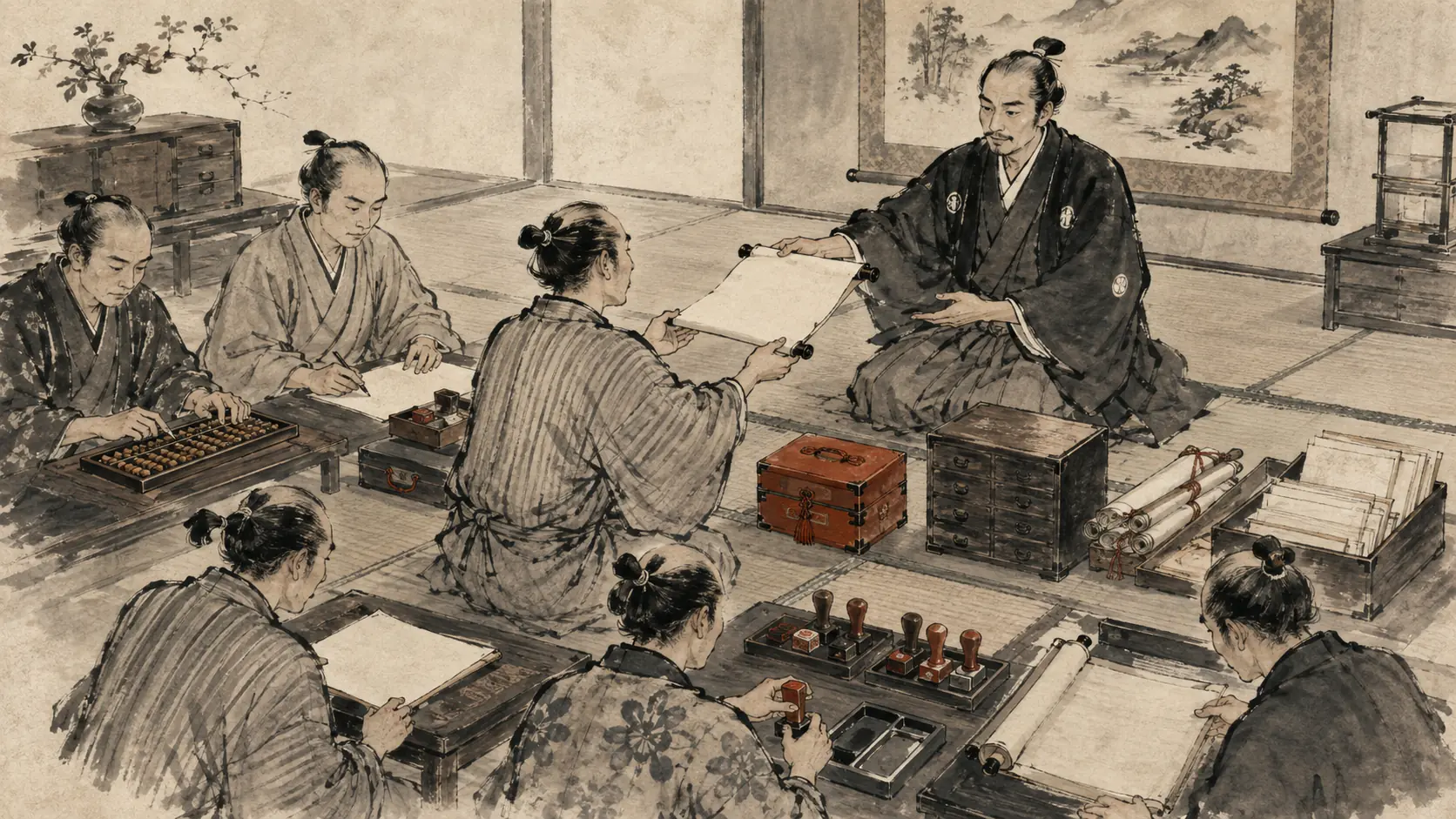 SaaSの選定と導入手順を整理する侍の水墨画